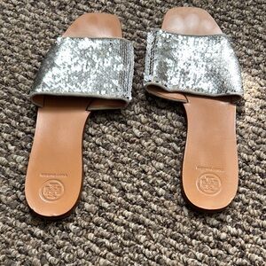 Tory Burch Silver Slide Sandals with Metallic Finish
